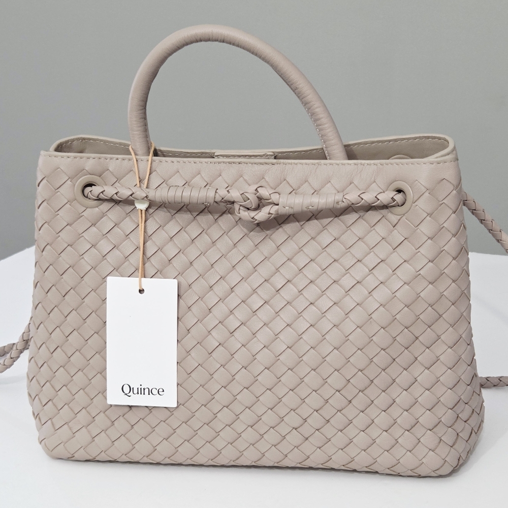 NWT QUINCE LARGE ITALIAN LEATHER HANDWOVEN SATCHEL TOTE BAG IN TAUPE - Picture 8 of 15